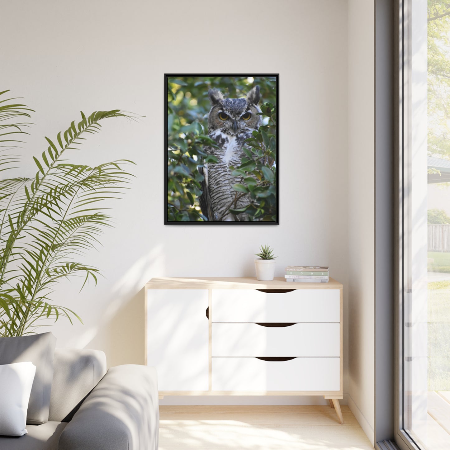 Great Horned Owl Canvas, Black Frame